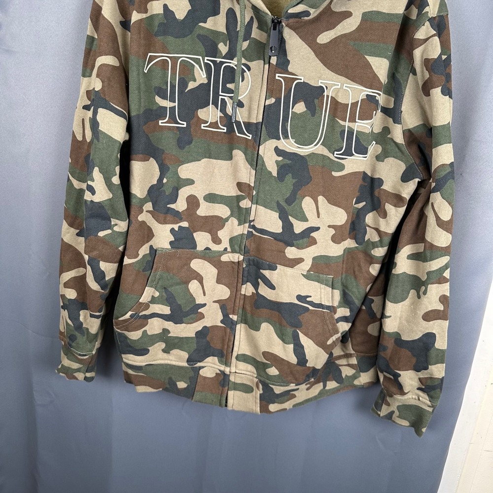 True Religion Mens Camo Full Zip Hoodie TRUE RLGN Embroidered Green Brown XL - Picture 3 of 10